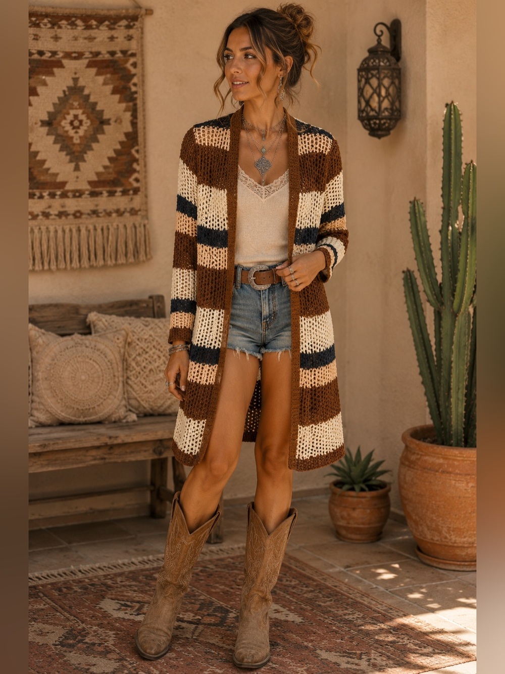 Sky and Sparrow Striped Open knit Long Cardigan